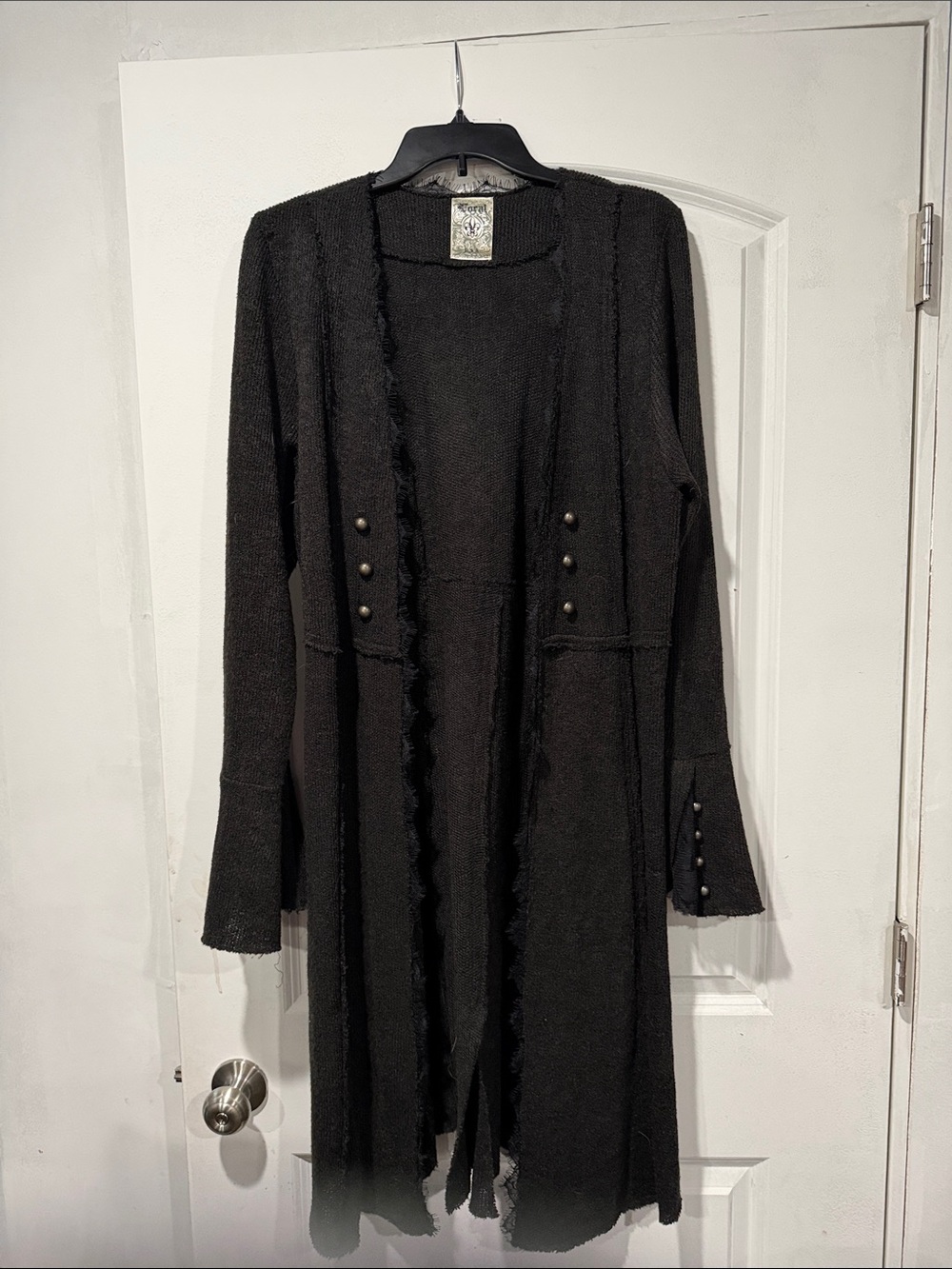 Vocal Black Long Open-Front Cardigan with Button Accents